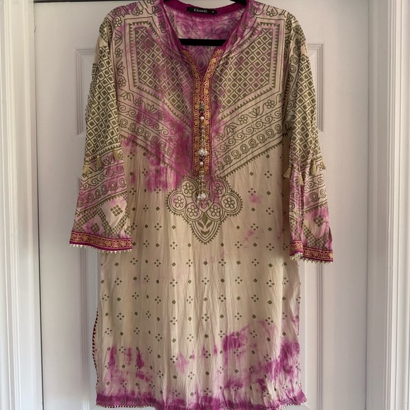 KHAADI Boho Embroidered Tunic Top Size 10 Pink Tie Dye Kurta Blouse - Picture 3 of 11